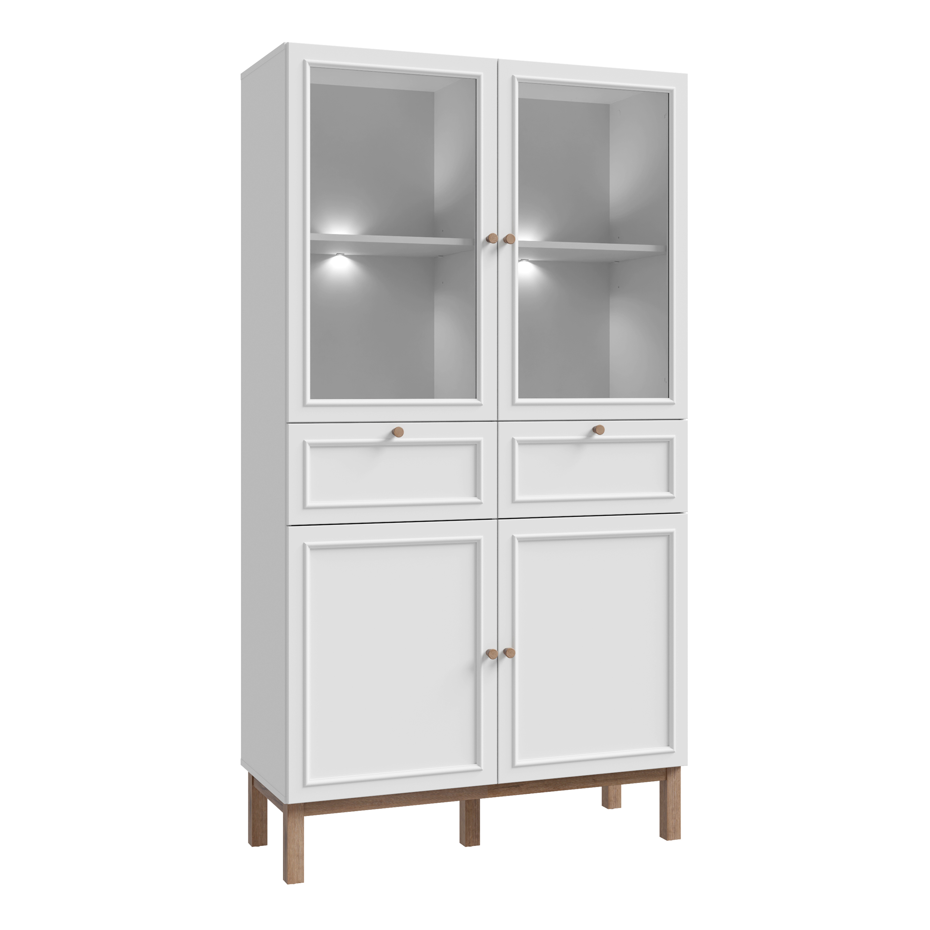 WOFUS Display Cabinet with 2 Doors 2 Drawers and 2 Glass Doors in Light Grey and Oak inc LED Lighting