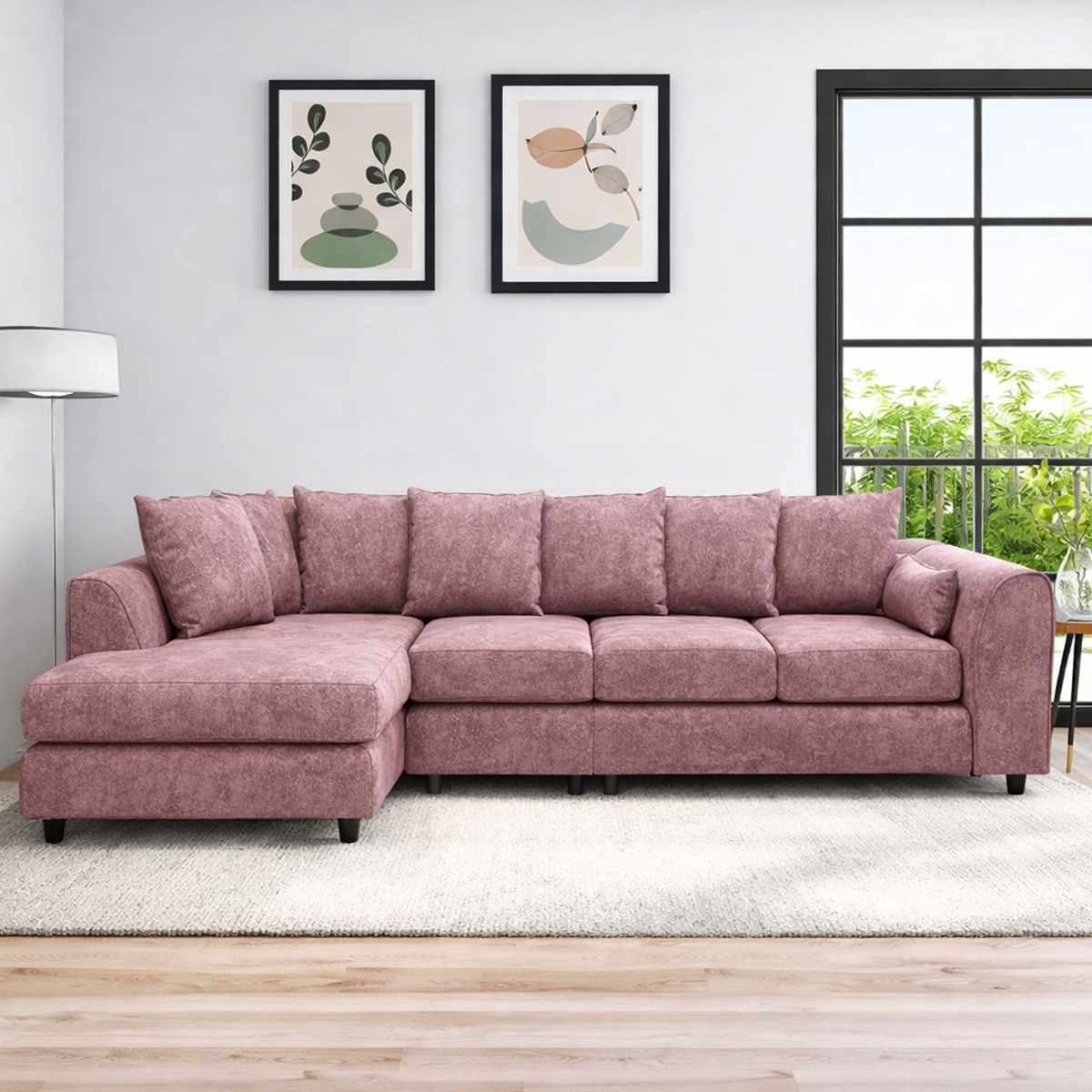 LORVANI Fabric Large 5 Seater Scatterback Corner Sofa - L Shaped - Left Hand Facing - Pink
