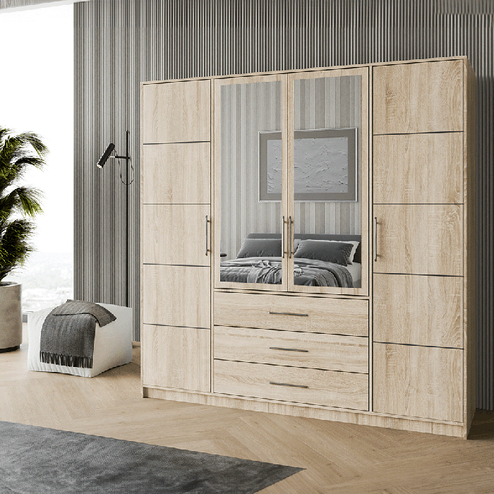 BARNSLEY 4 Door Mirrored Wardrobe with 3 Drawers Oak Sonoma - 196cm
