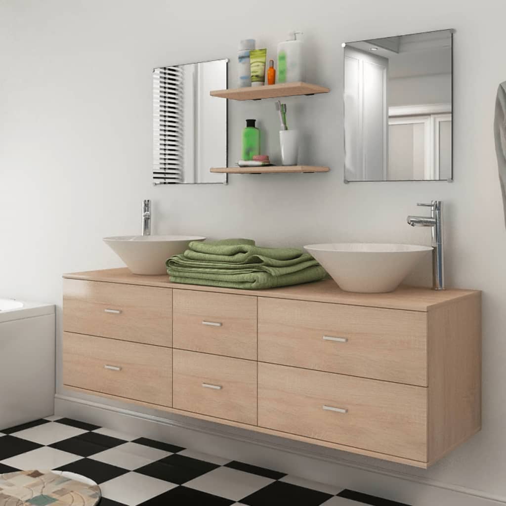 Nine Piece Bathroom Furniture Set with Basin with Tap Beige