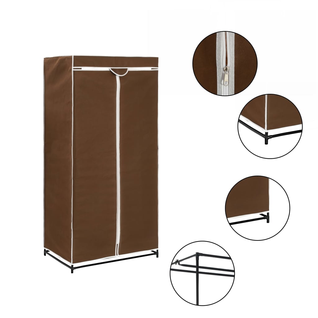 Wardrobe Iron Frame and Fabric Cover with Zippers - Brown 75x50x160cm