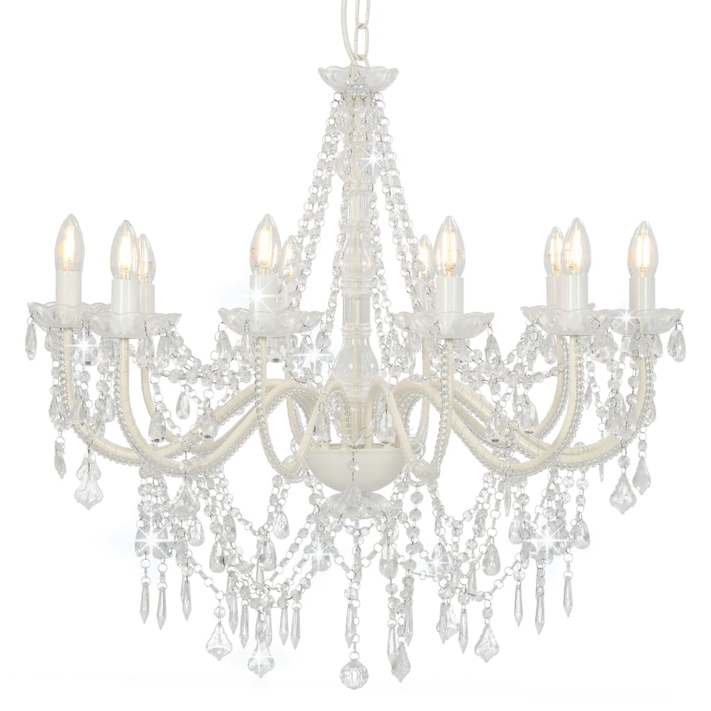 Chandelier with Beads White 12 x E14 Bulbs