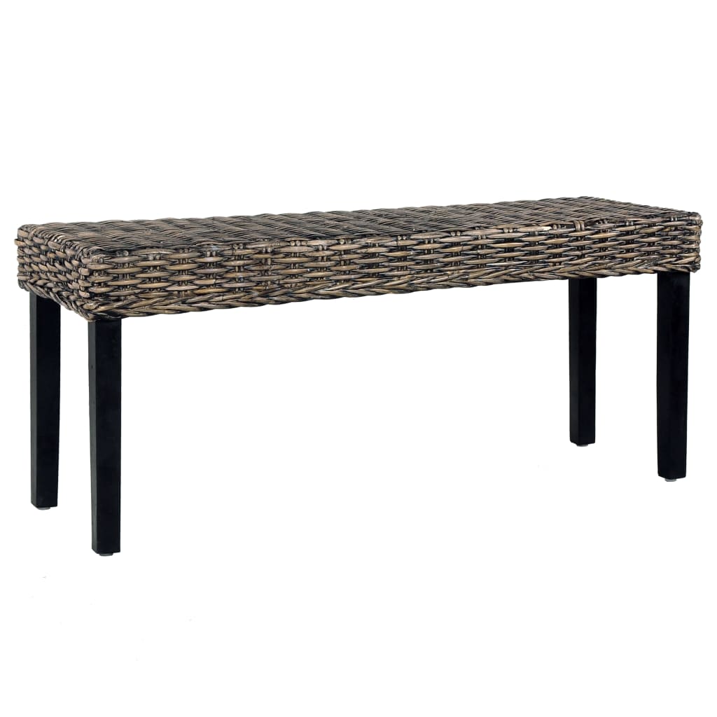 Bench 110 cm Black Natural Kubu Rattan and Solid Mahogany Wood