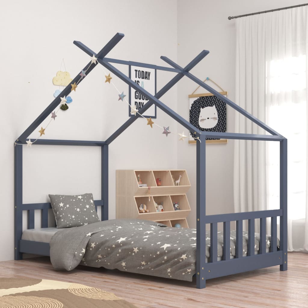 Kids Bed Frame Grey Solid Pine Wood 70x140cm