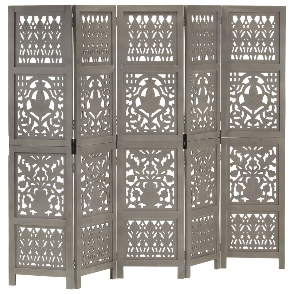 Hand Carved 5-Panel Room Divider Grey 200x165 cm Solid Mango Wood