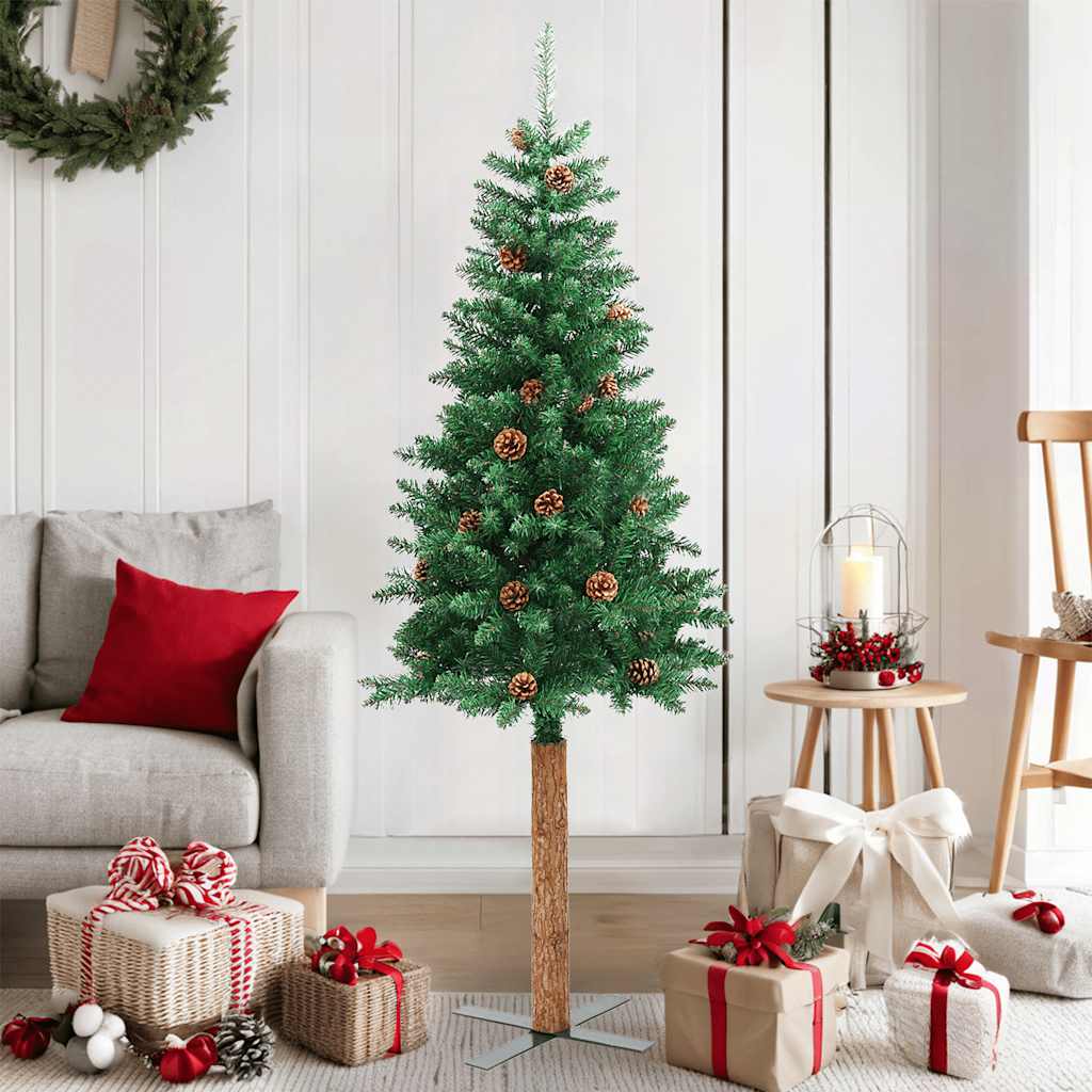 HIVORA Slim Christmas Tree with Real Wood and Cones Green 150 cm PVC