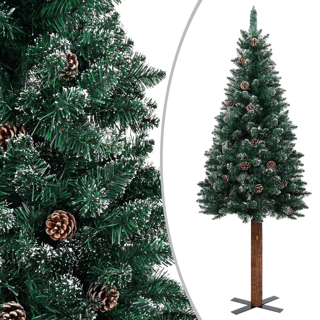 Slim Christmas Tree with Real Wood and White Snow Green 180 cm