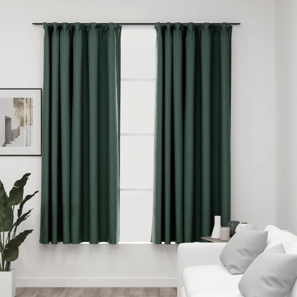 Linen-Look Blackout Curtains with Hooks 2 pcs Green 140x175 cm