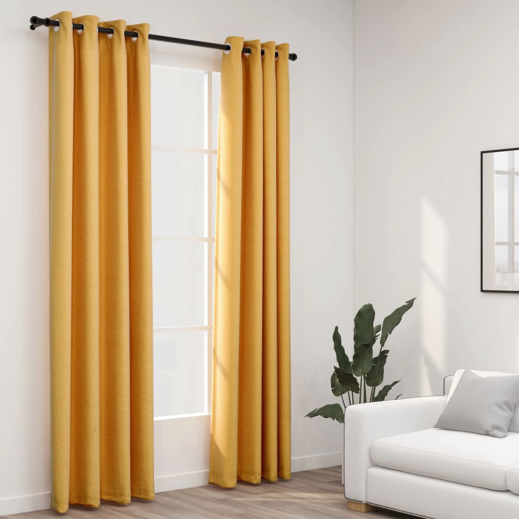 Linen-Look Blackout Curtains with Grommets 2pcs Yellow 140x245cm