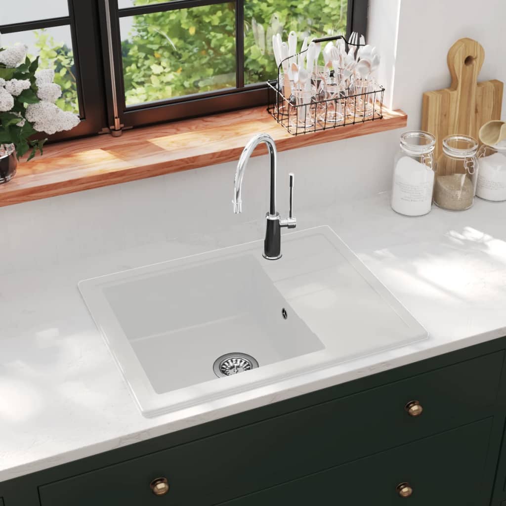 Kitchen Sink with Overflow Hole Oval White Granite
