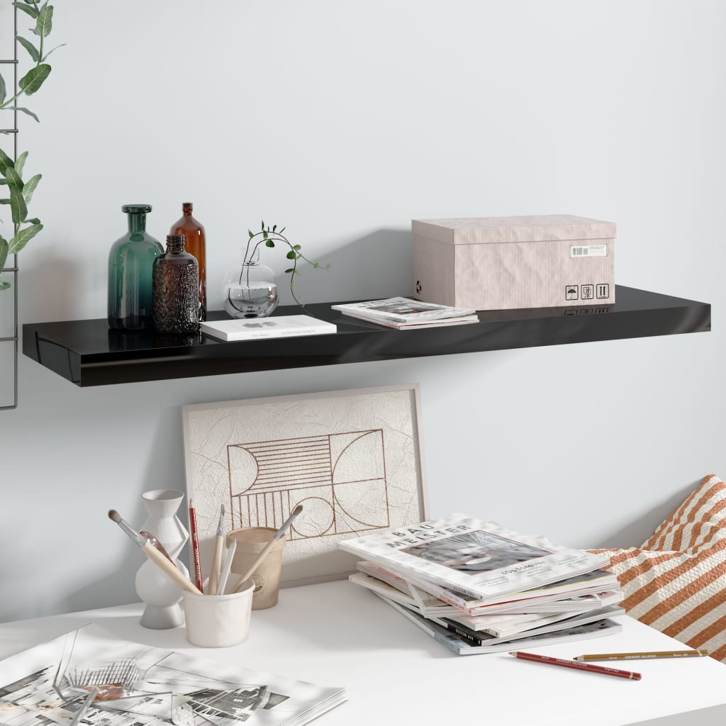 Floating Wall Shelf High Gloss Black 90x23.5x3.8 cm MDF