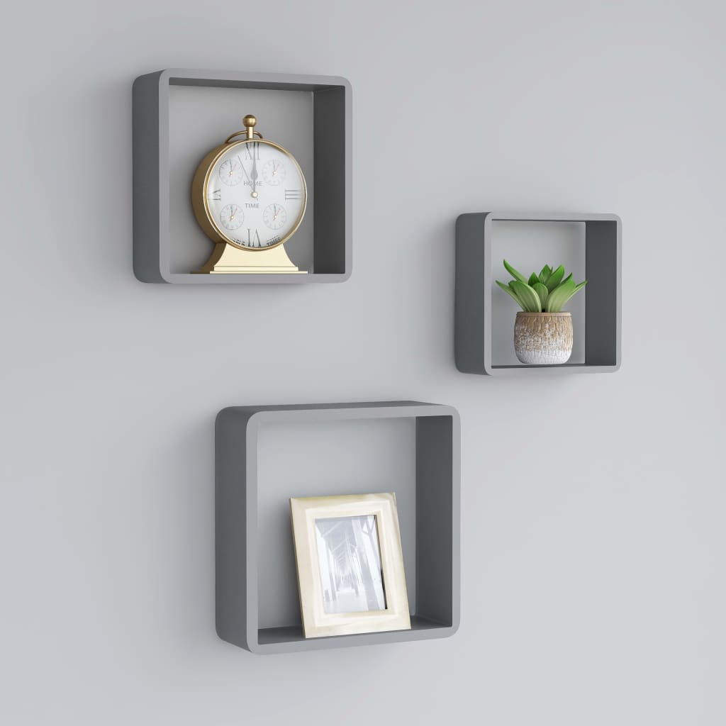 Wall Cube Shelves 3 Pieces Grey MDF