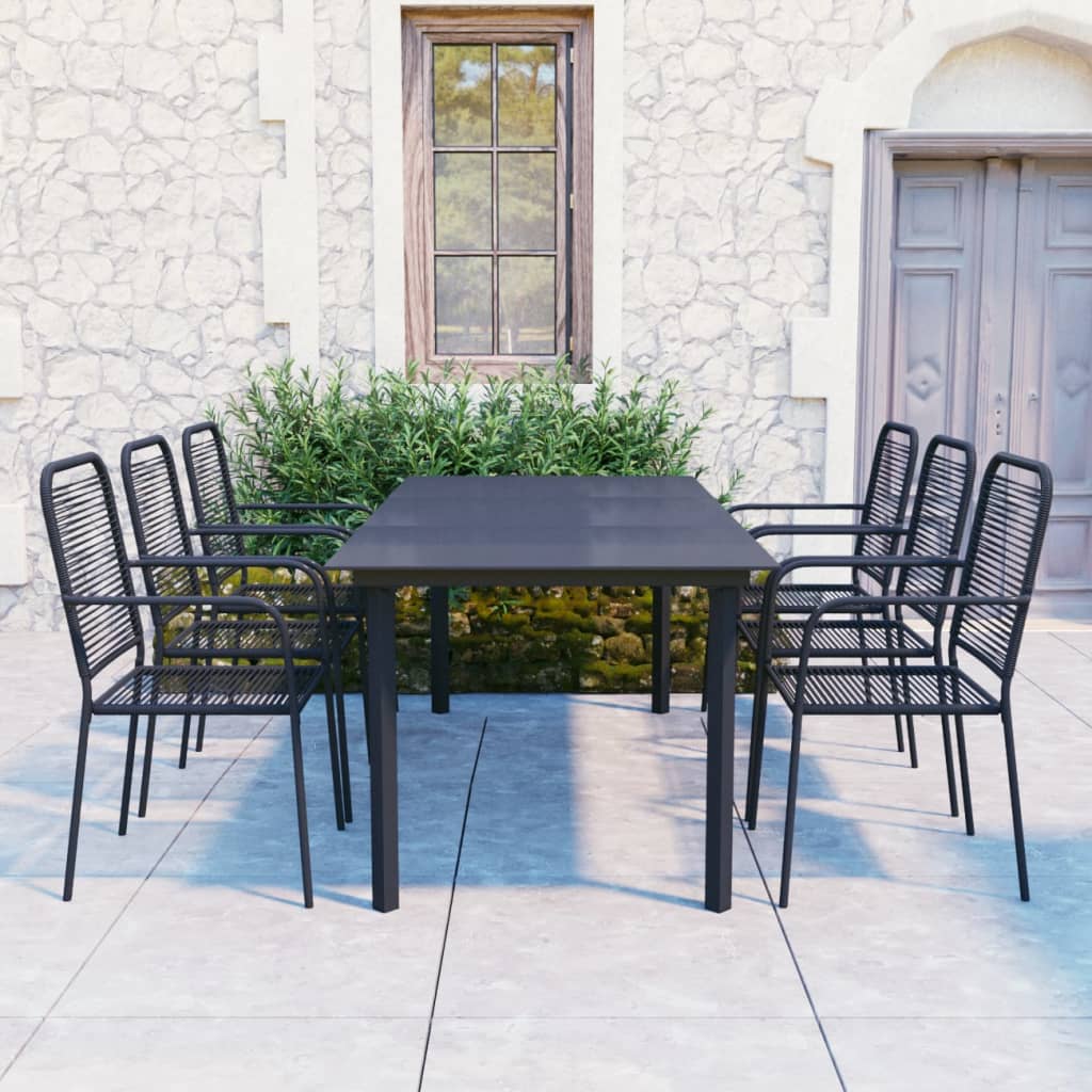 7 Piece Garden Dining Set Black Glass and Steel