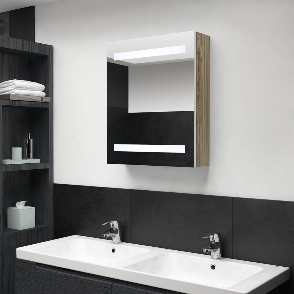 LED Bathroom Mirror Cabinet White and Oak 50x14x60 cm
