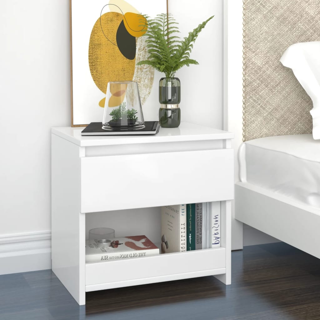 Bedside Table - EMPOLI Nightstand High Gloss White 40cm
