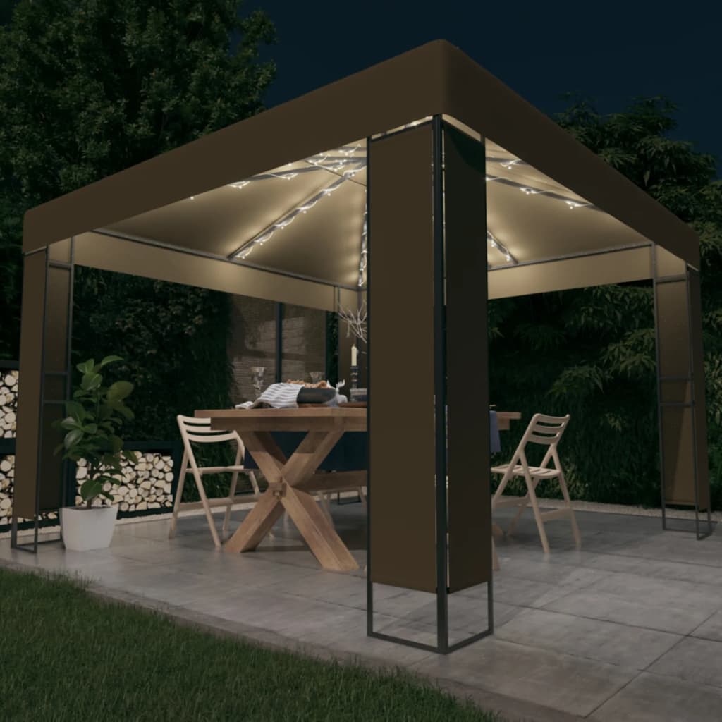 Gazebo with Double Roof and LED String Lights 3x3x2.7 m Taupe