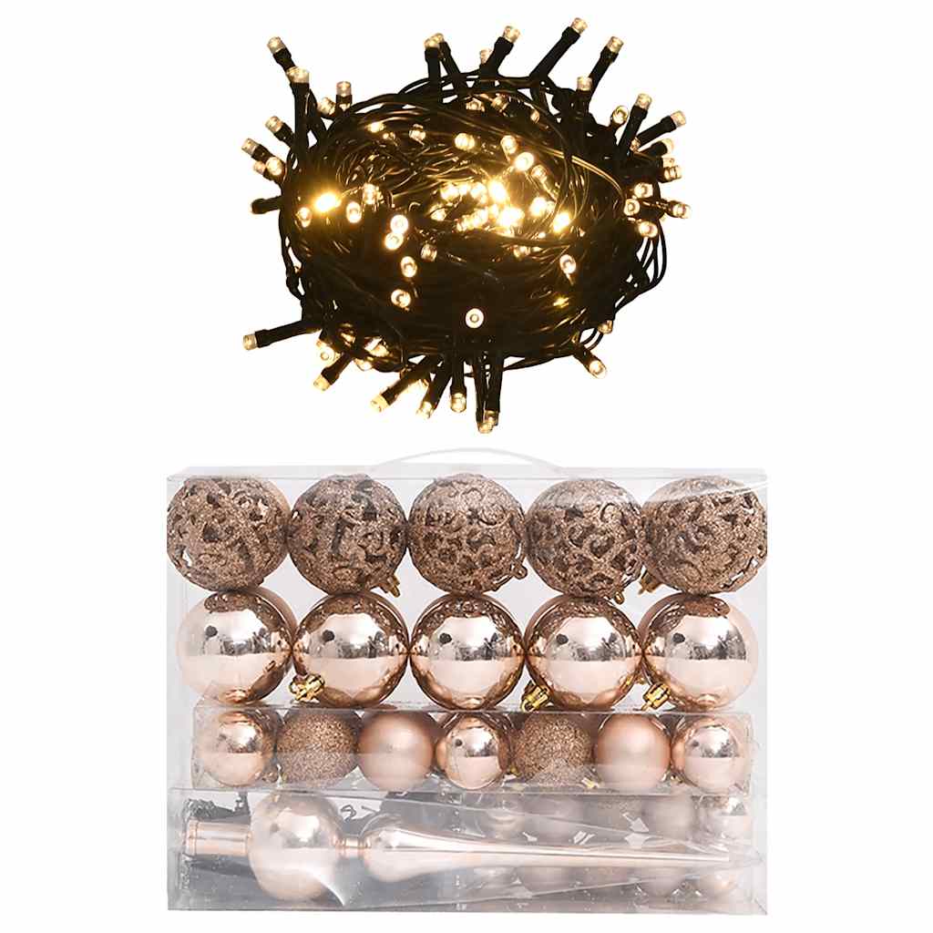 LUMIYA 61 Piece Christmas Ball Set with Peak and 150 LEDs Rose Gold