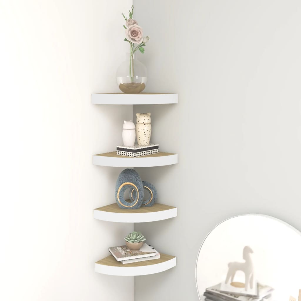 Wall Corner Shelves 4 pcs Oak and White 25x25x3.8 cm MDF