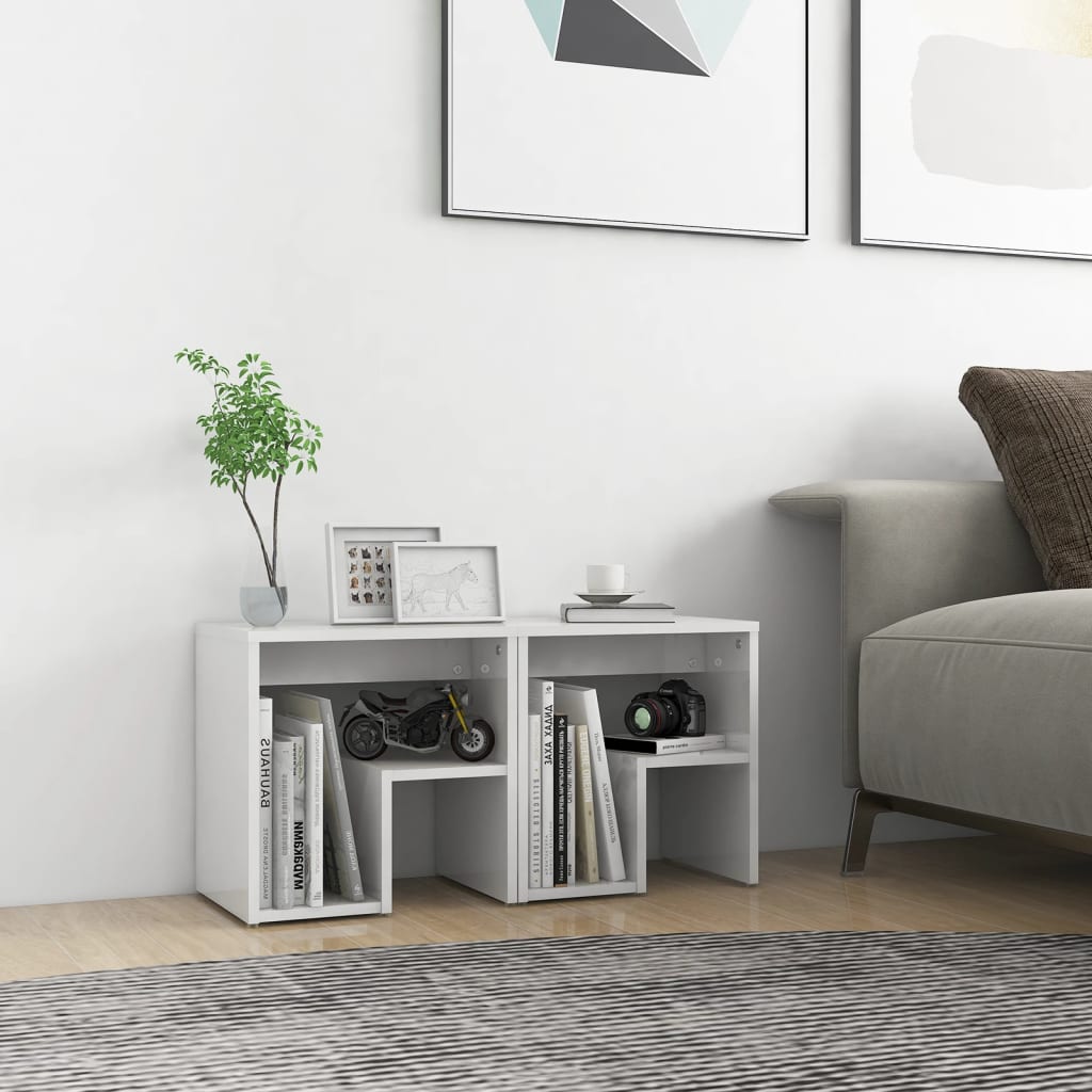 Bedside Table - DAWSON 2 Piece Nightstand High Gloss White 40cm