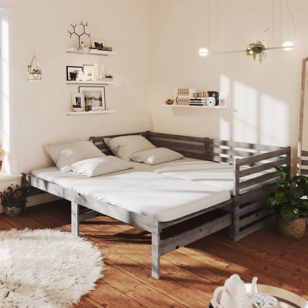 Pull-out Day Bed Grey Solid Pinewood 2x(90x200) cm