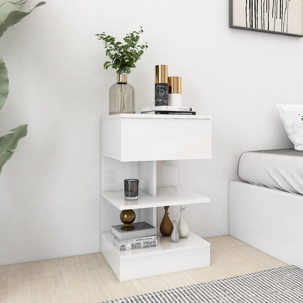 Bedside Table - NANAIMO Nightstand High Gloss White 40cm