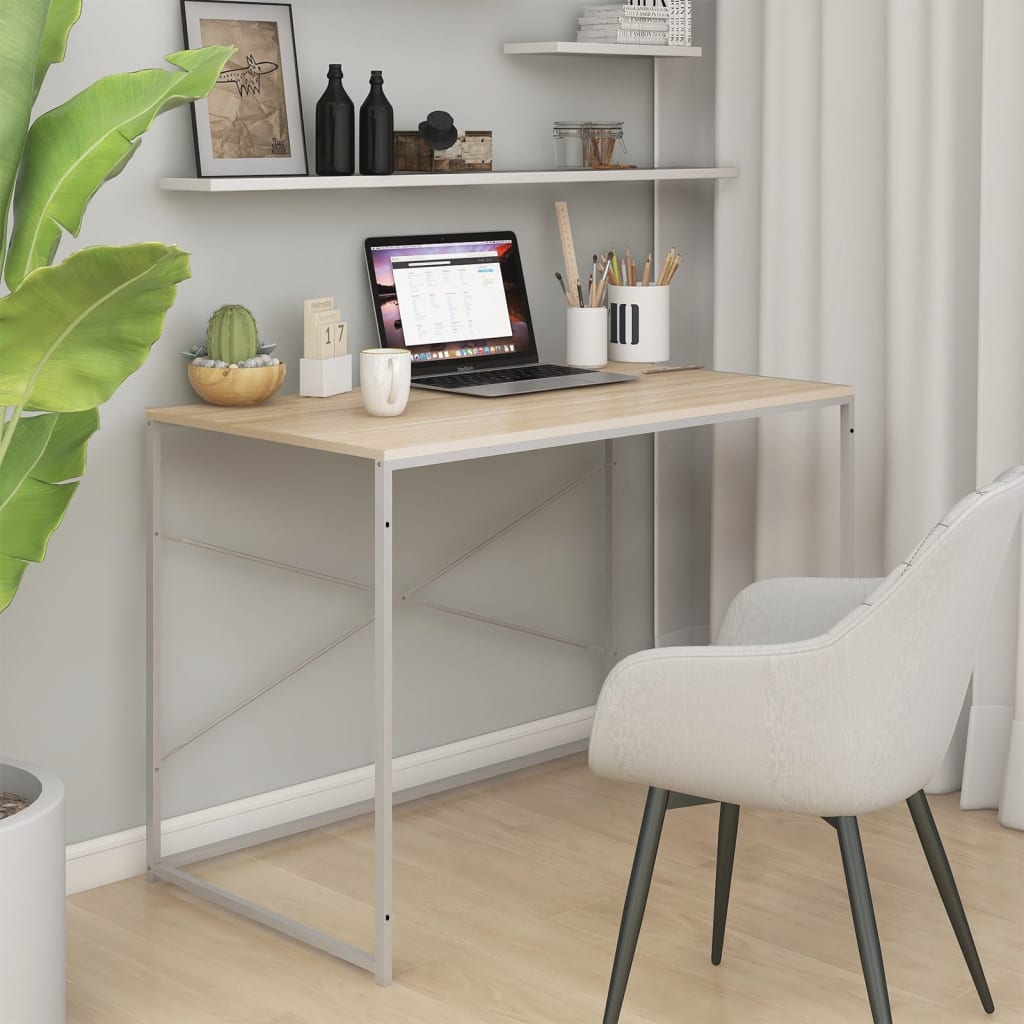 Computer Desk White and Oak 110x60x70 cm Engineered Wood