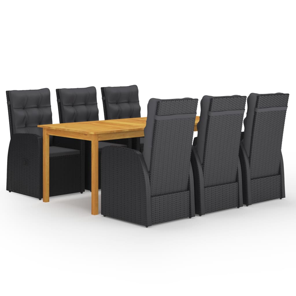 7 Piece Garden Dining Set with Cushions Black Poly Rattan