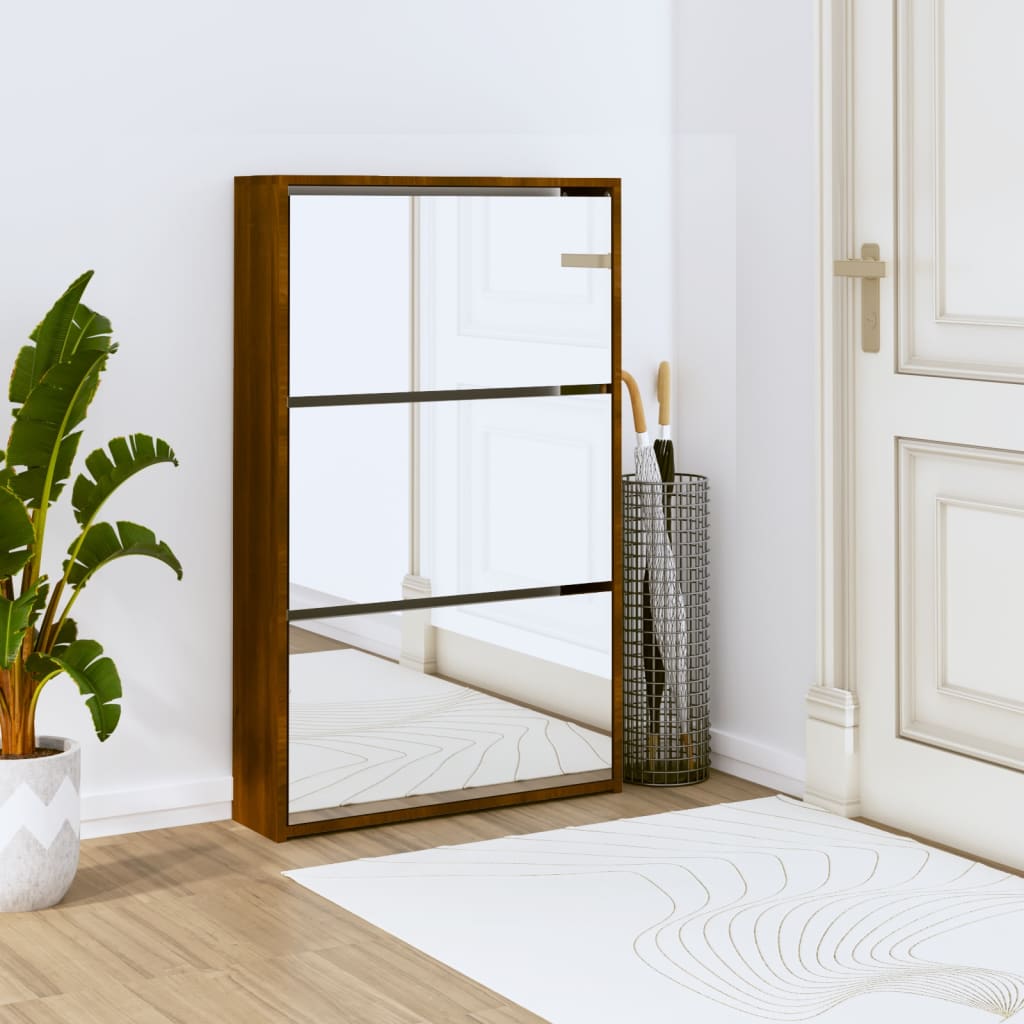 Shoe Cabinet with Mirror 3-Layer Brown Oak 63x17x102.5cm
