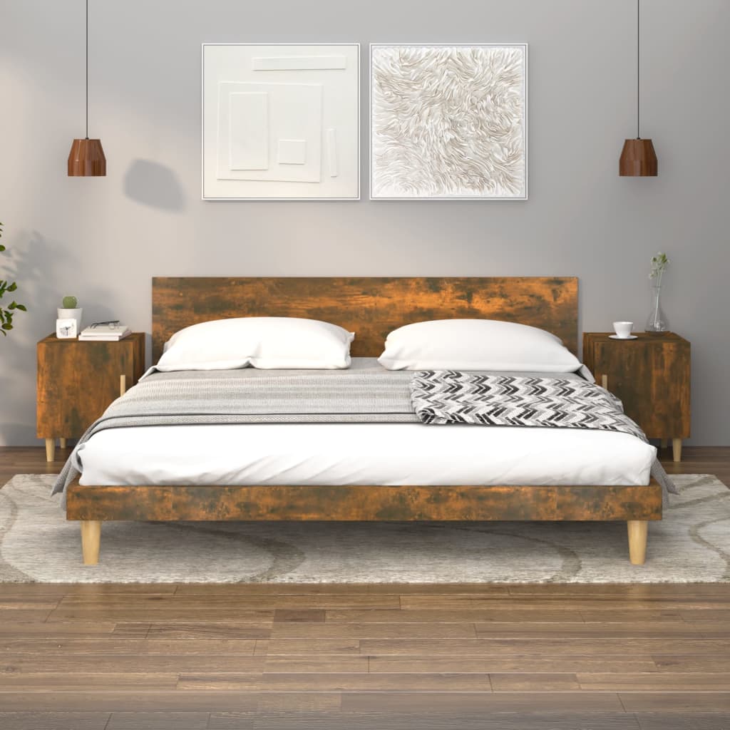 Bedside Table - LEONE Finn 2 Piece Nightstand Smoked Oak 40cm