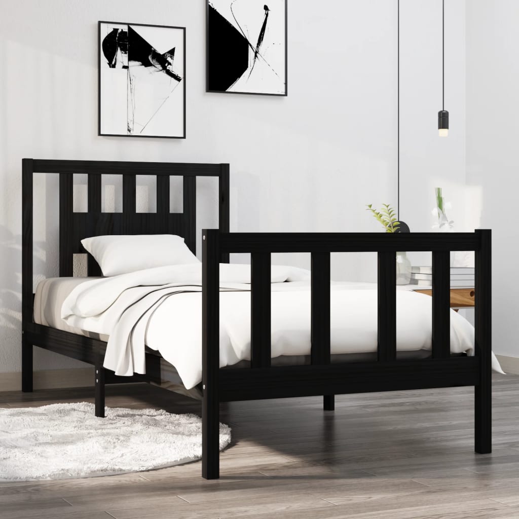 Bed Frame Black Solid Wood 75x190 cm Small Single