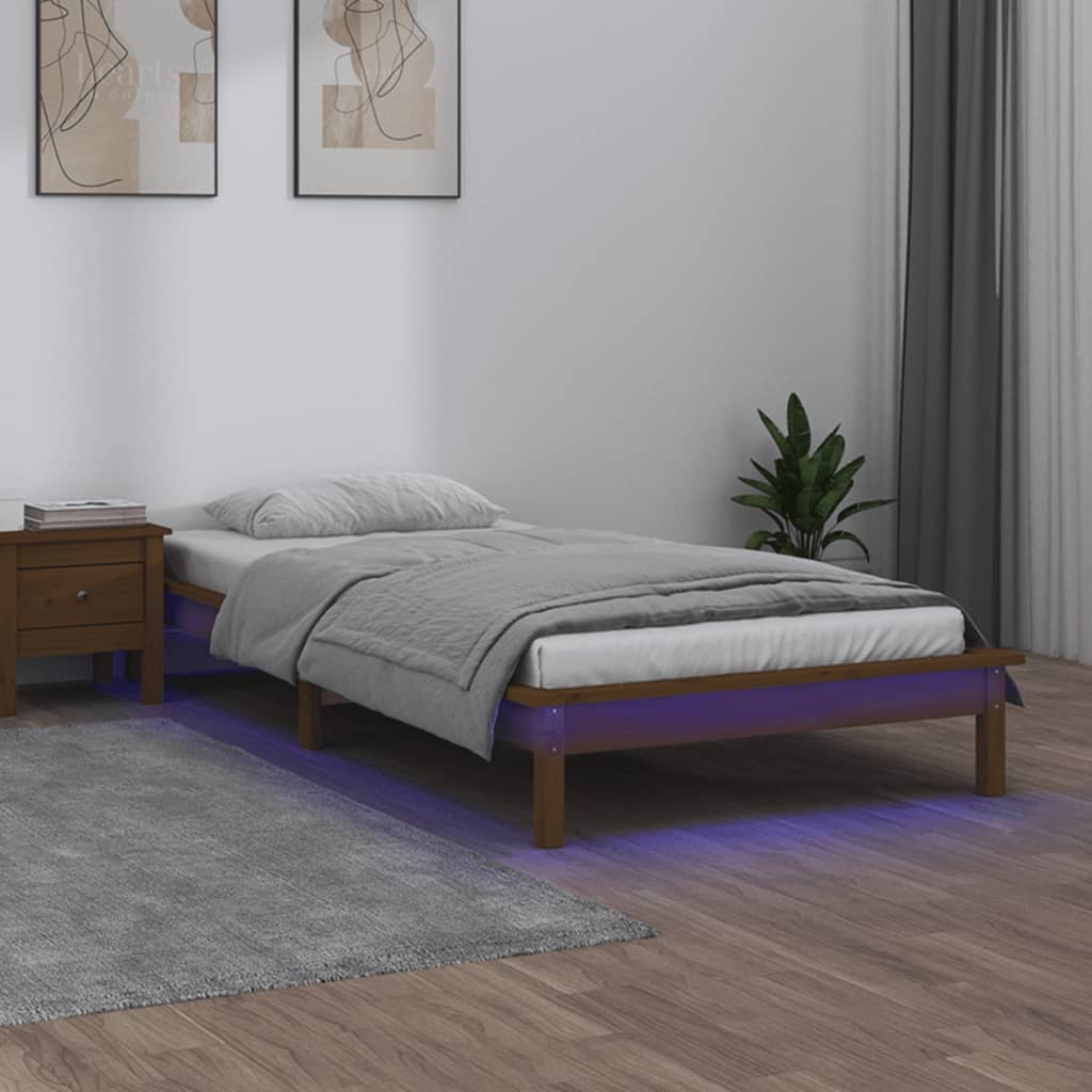 LED Bed Frame Honey Brown 90x200 cm Solid Wood
