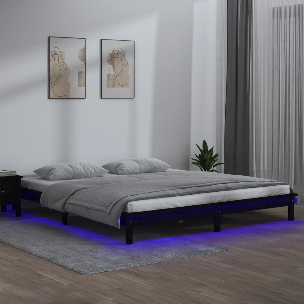 LED Bed Frame Black 200x200 cm Solid Wood