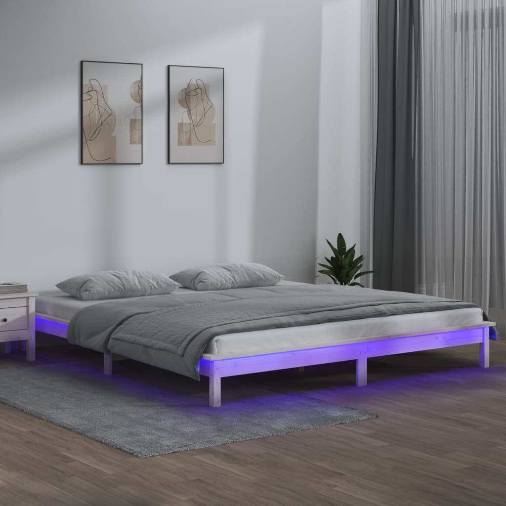 LED Bed Frame White 135x190 cm Double Solid Wood