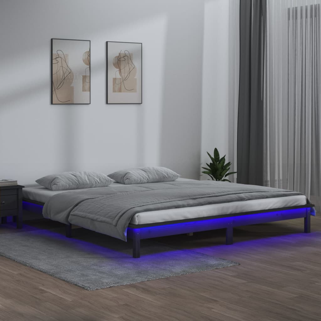 LED Bed Frame Grey 140x190 cm Solid Wood