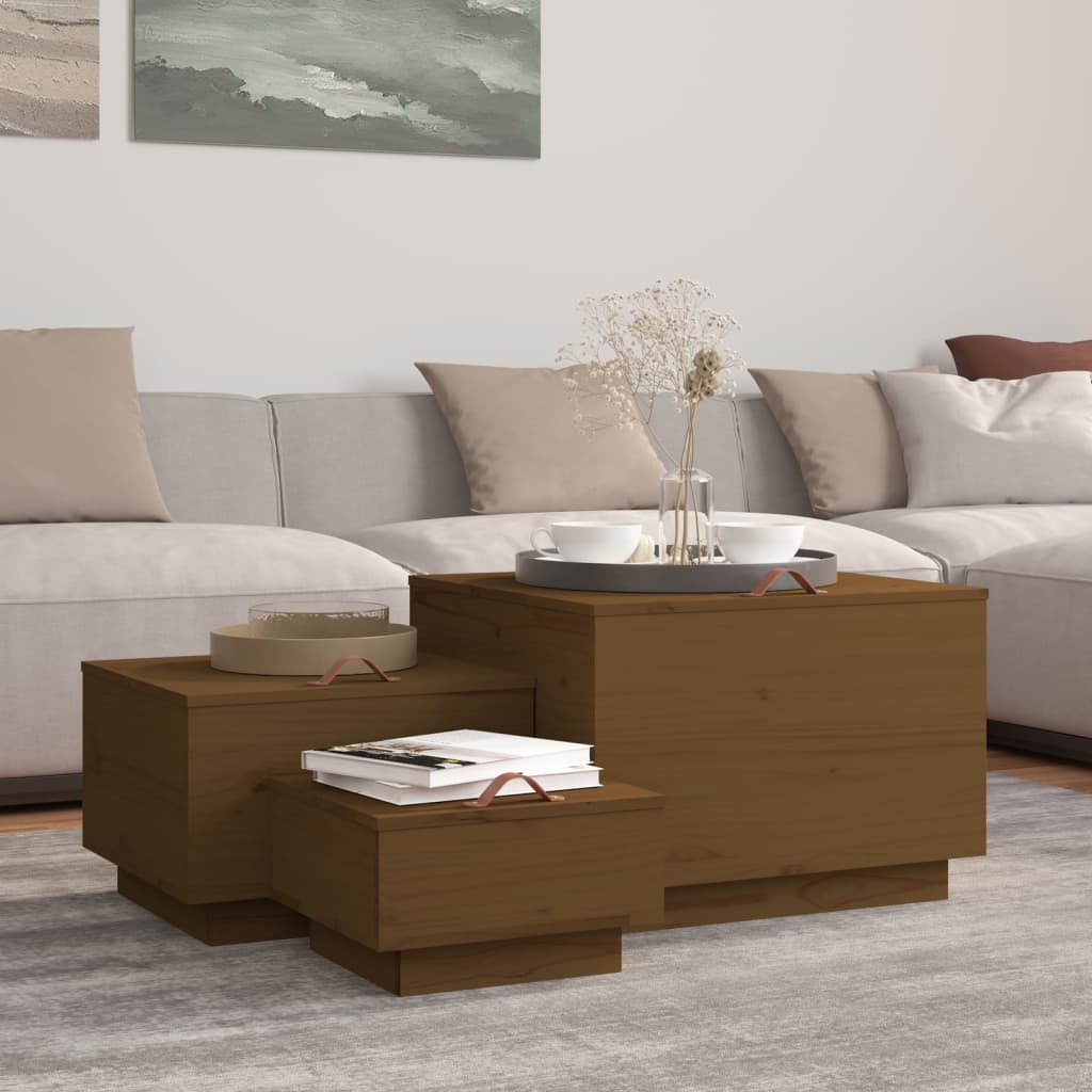 Storage Boxes with Lids 3 pcs Honey Brown Solid Wood Pine
