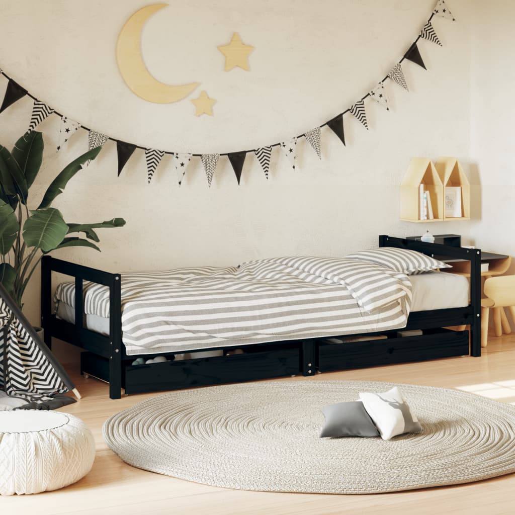 Kids Bed Frame with Drawers Black 80x200cm Solid Wood Pine