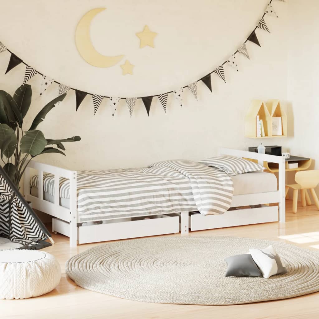 Kids Bed Frame with Drawers White 90x190cm Solid Wood Pine