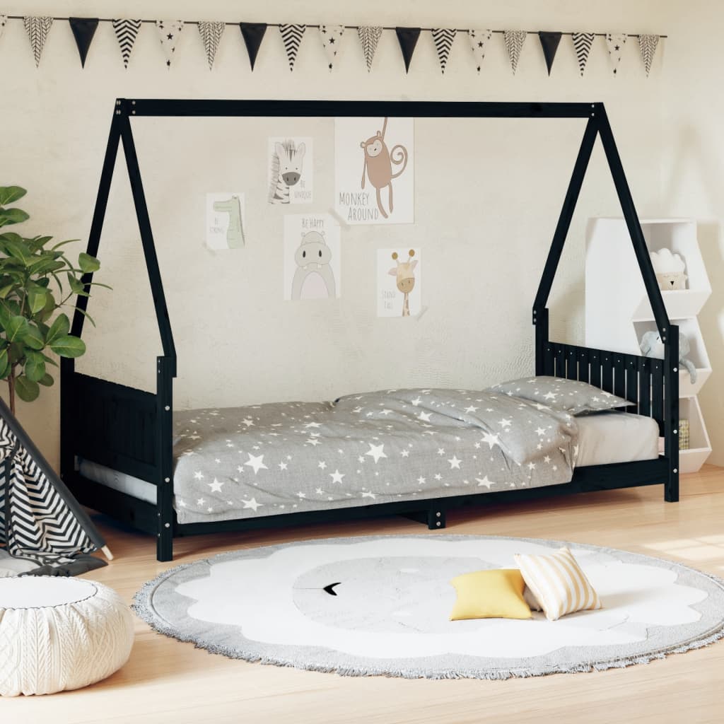 Kids Bed Frame Black 80x200cm Solid Wood Pine