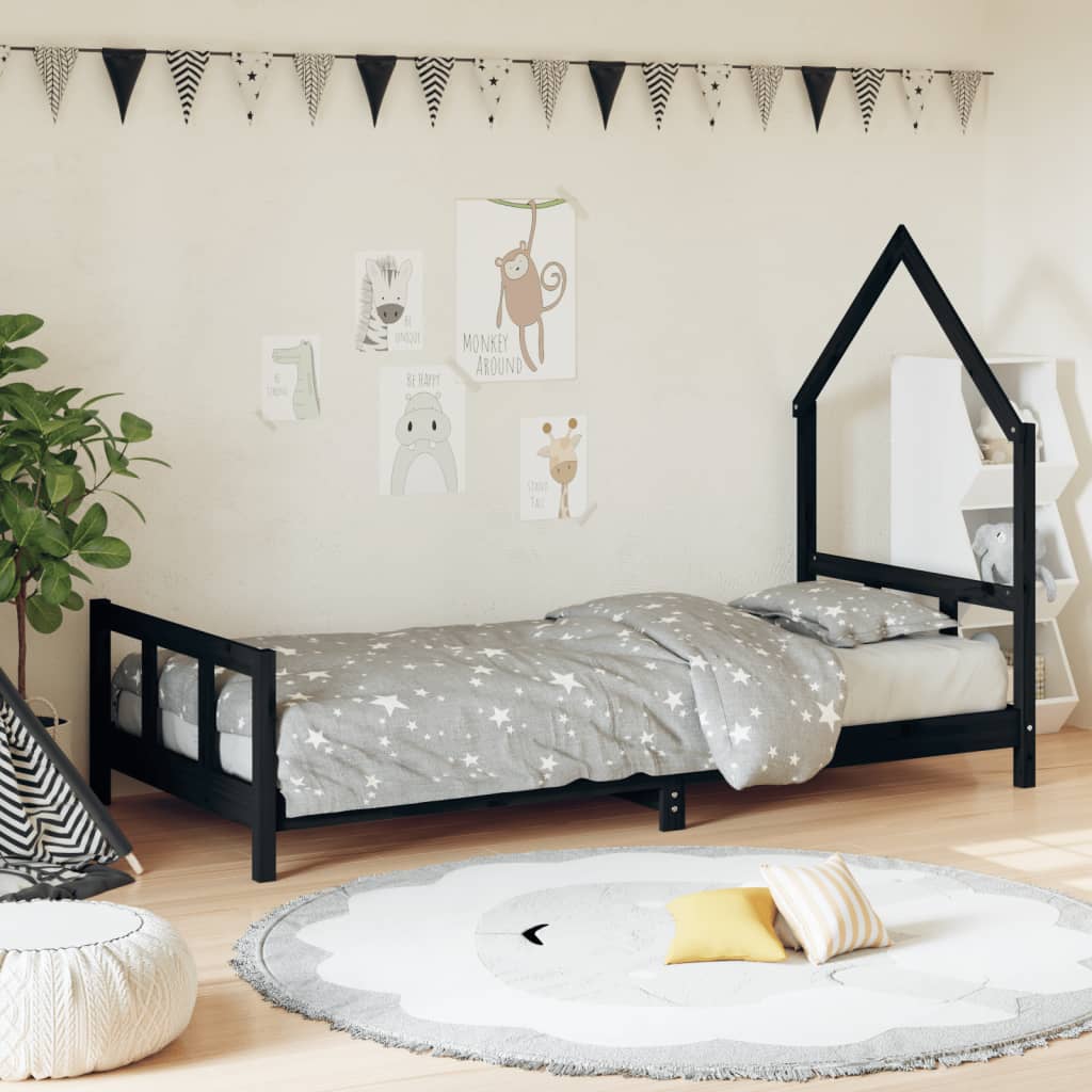 Kids Bed Frame Black 90x190cm Solid Wood Pine