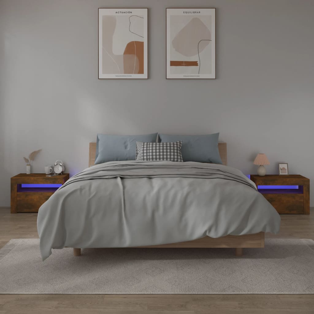 Bedside Table - ATHENS 2 Piece Nightstand Smoked Oak 60cm