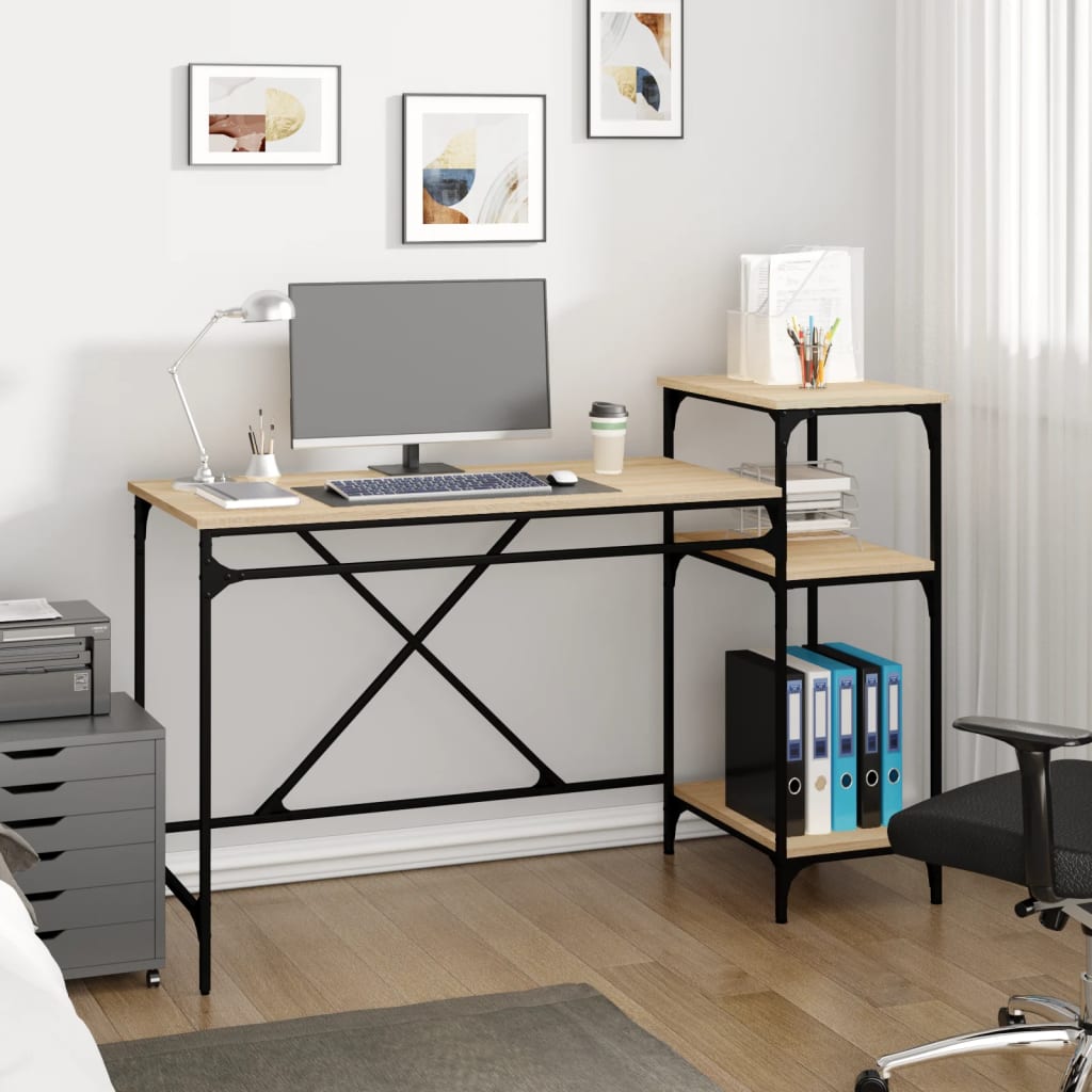 Desk with Shelves Sonoma Oak 135x50x90cm Engineered Wood and Iron