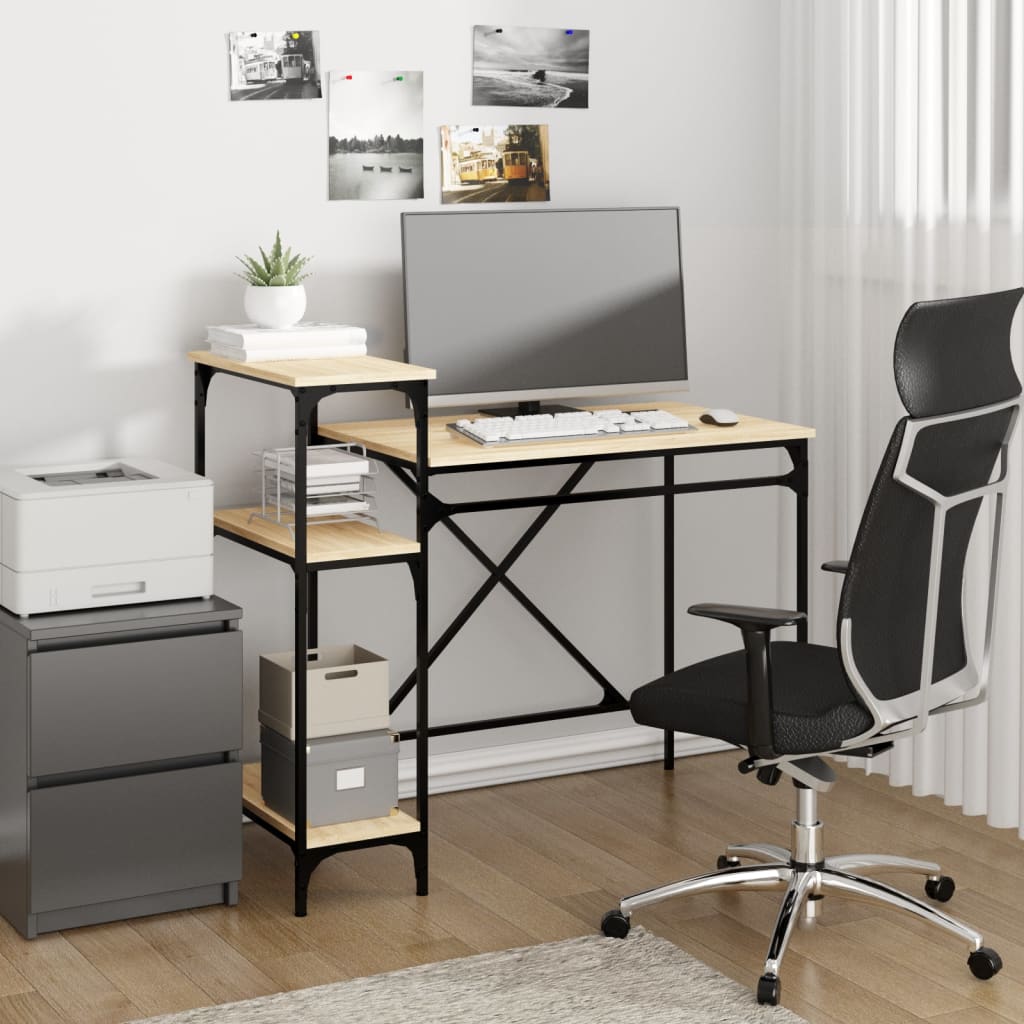 Desk with Shelves Sonoma Oak 105x50x90cm Engineered Wood and Iron