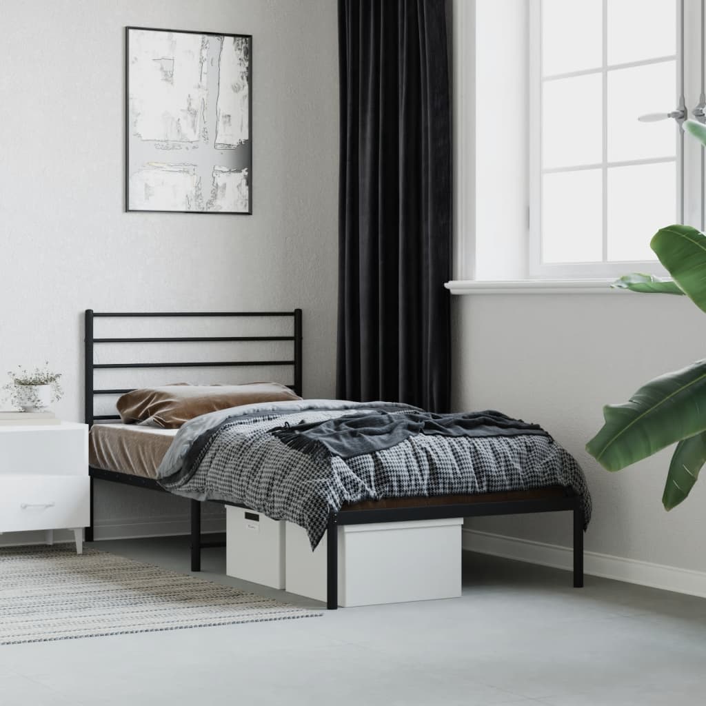 Metal Bed Frame with Headboard Black 107x203 cm