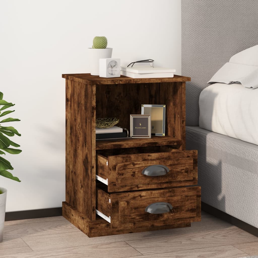 Bedside Table - HOLLAND 2 Piece Nightstand Smoked Oak 43cm