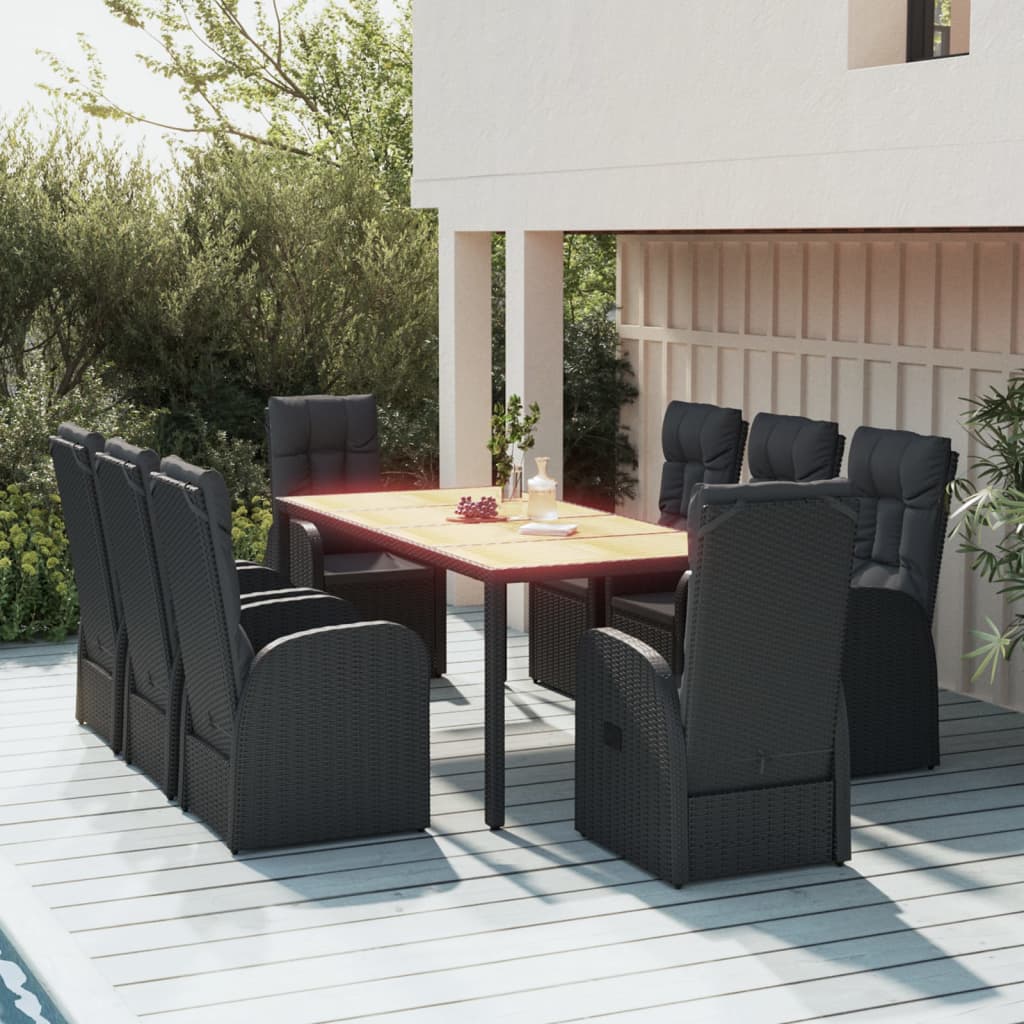 9 Pcs Garden Dining Set Black Poly Rattan and Solid Wood Acacia