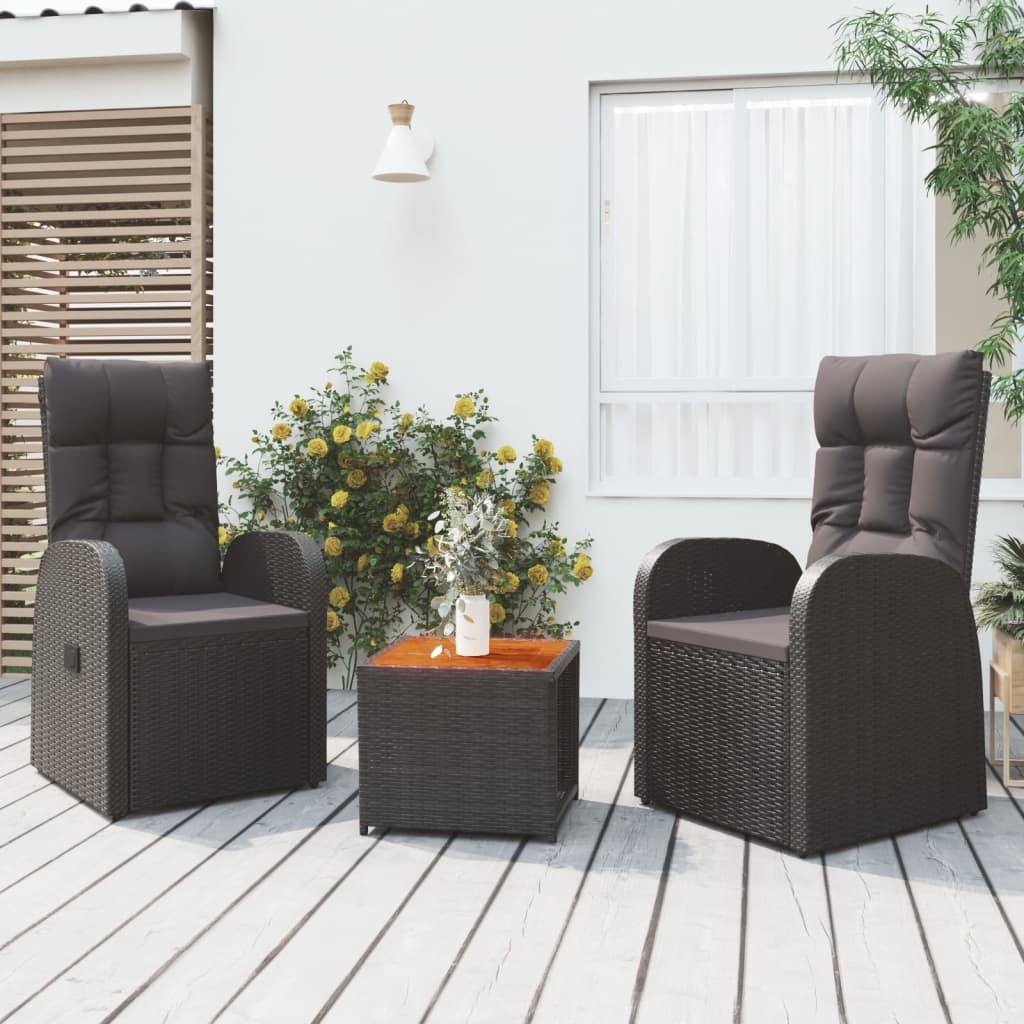 3 Pcs Garden Lounge Set Black Poly Rattan and Solid Wood Acacia