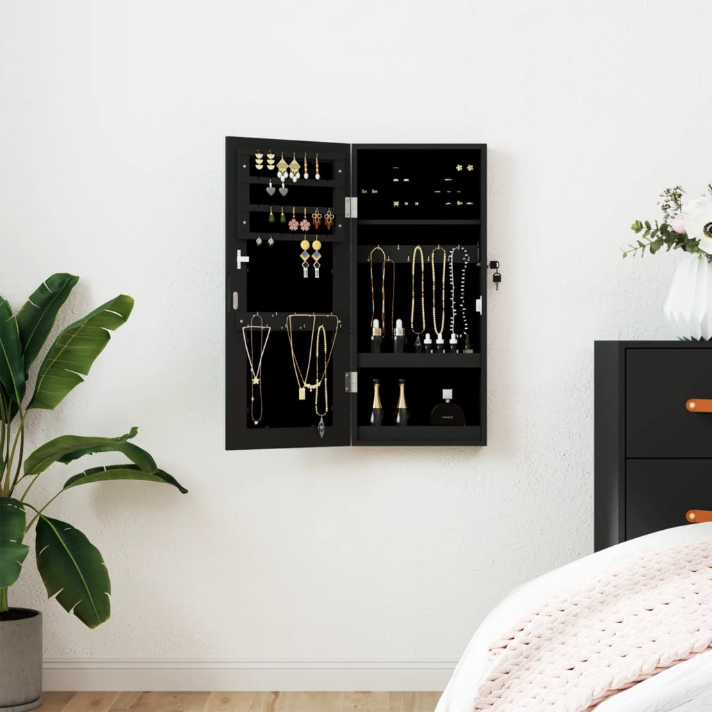Mirror Jewellery Cabinet Wall Mounted Black 30x8.5x67cm