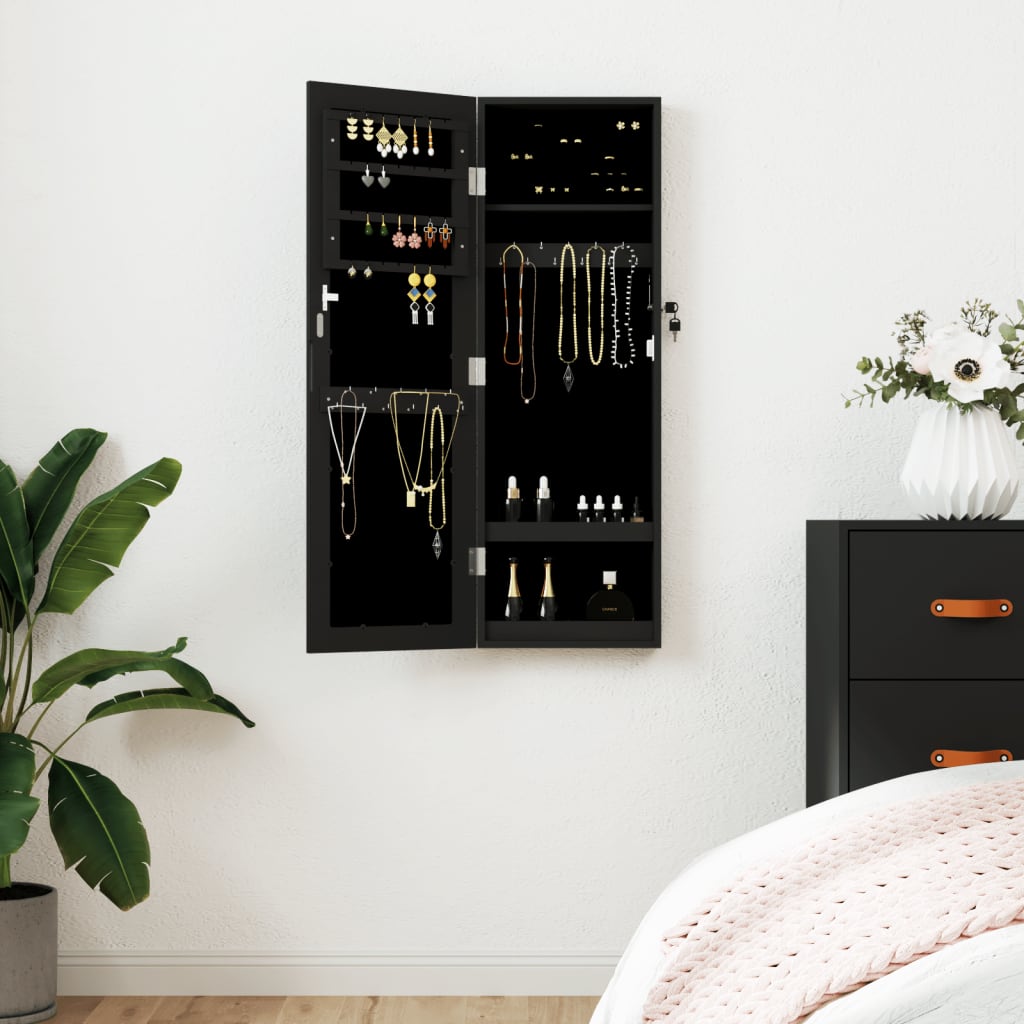 Mirror Jewellery Cabinet Wall Mounted Black 30x8.5x90cm