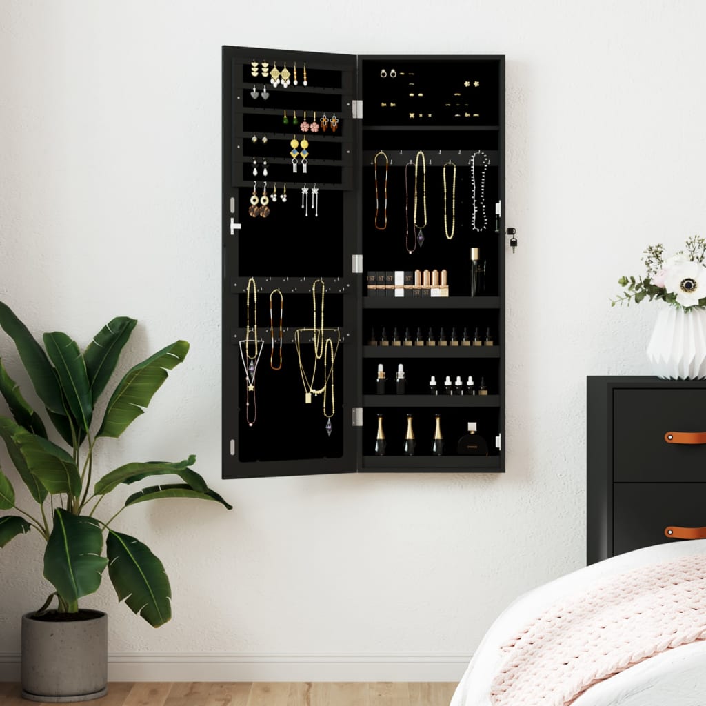 Mirror Jewellery Cabinet Wall Mounted Black 37.5x10x106cm