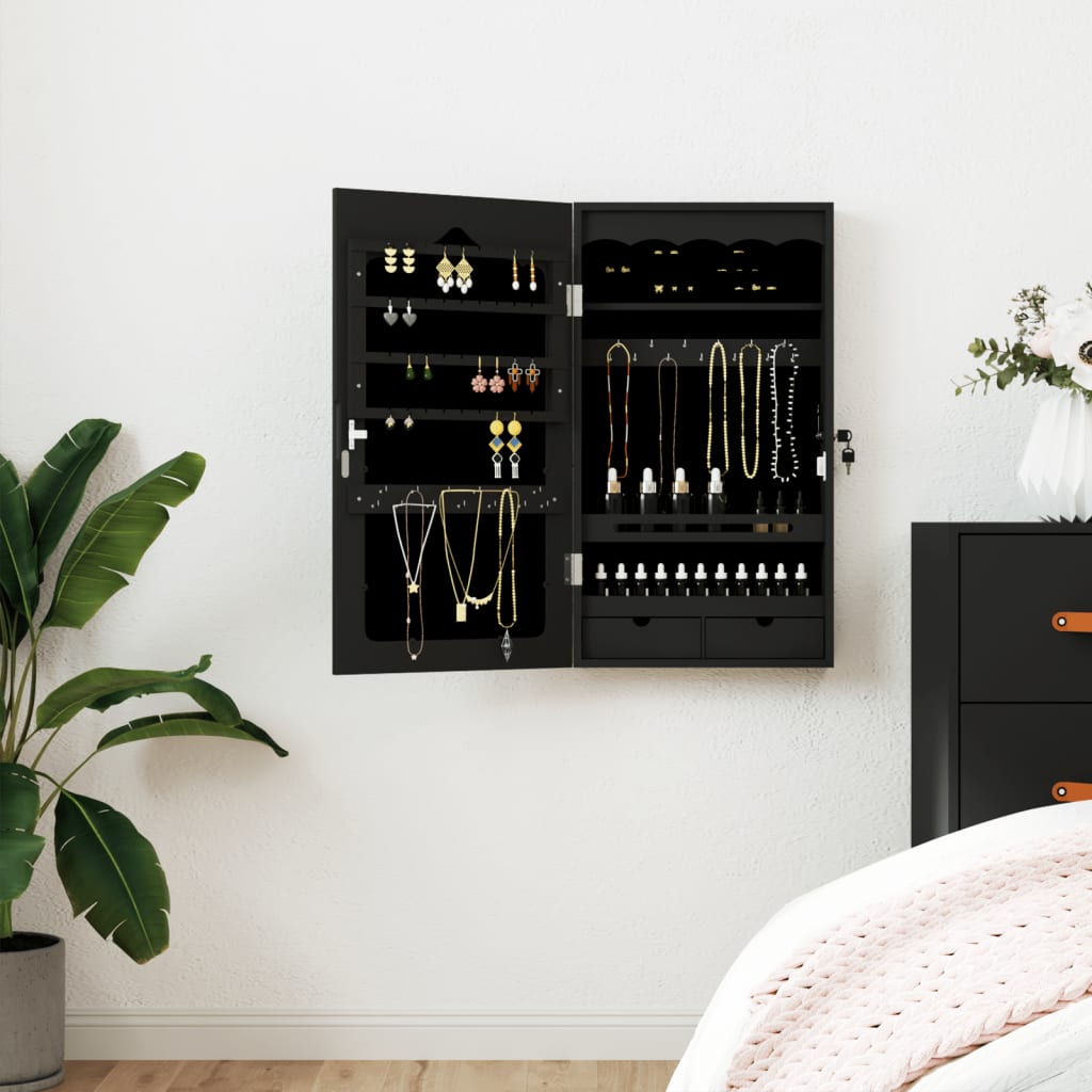 Mirror Jewellery Cabinet Wall Mounted Black 37.5x10x67cm
